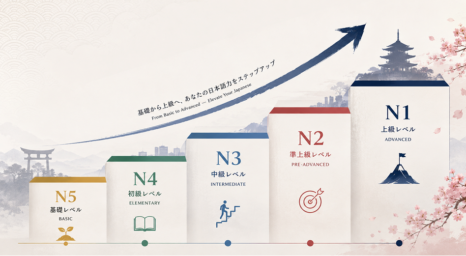 Chart of the five JLPT levels from N5 to N1 in ascending order of difficulty
