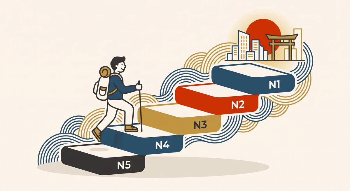 JLPT levels as steps from N5 to N1 rising toward a Japanese city skyline