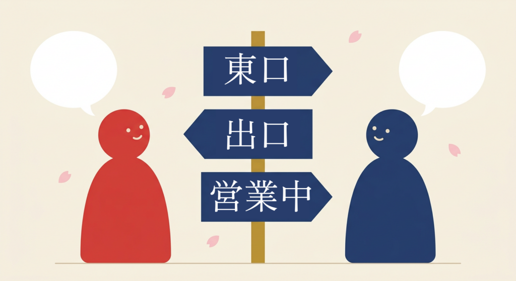 Two simple illustrated figures stand either side of a Japanese signpost whose boards read 東口 (east exit), 出口 (exit) and 営業中 (open for business).