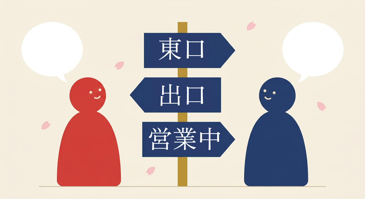 Two simple illustrated figures stand either side of a Japanese signpost whose boards read 東口 (east exit), 出口 (exit) and 営業中 (open for business).