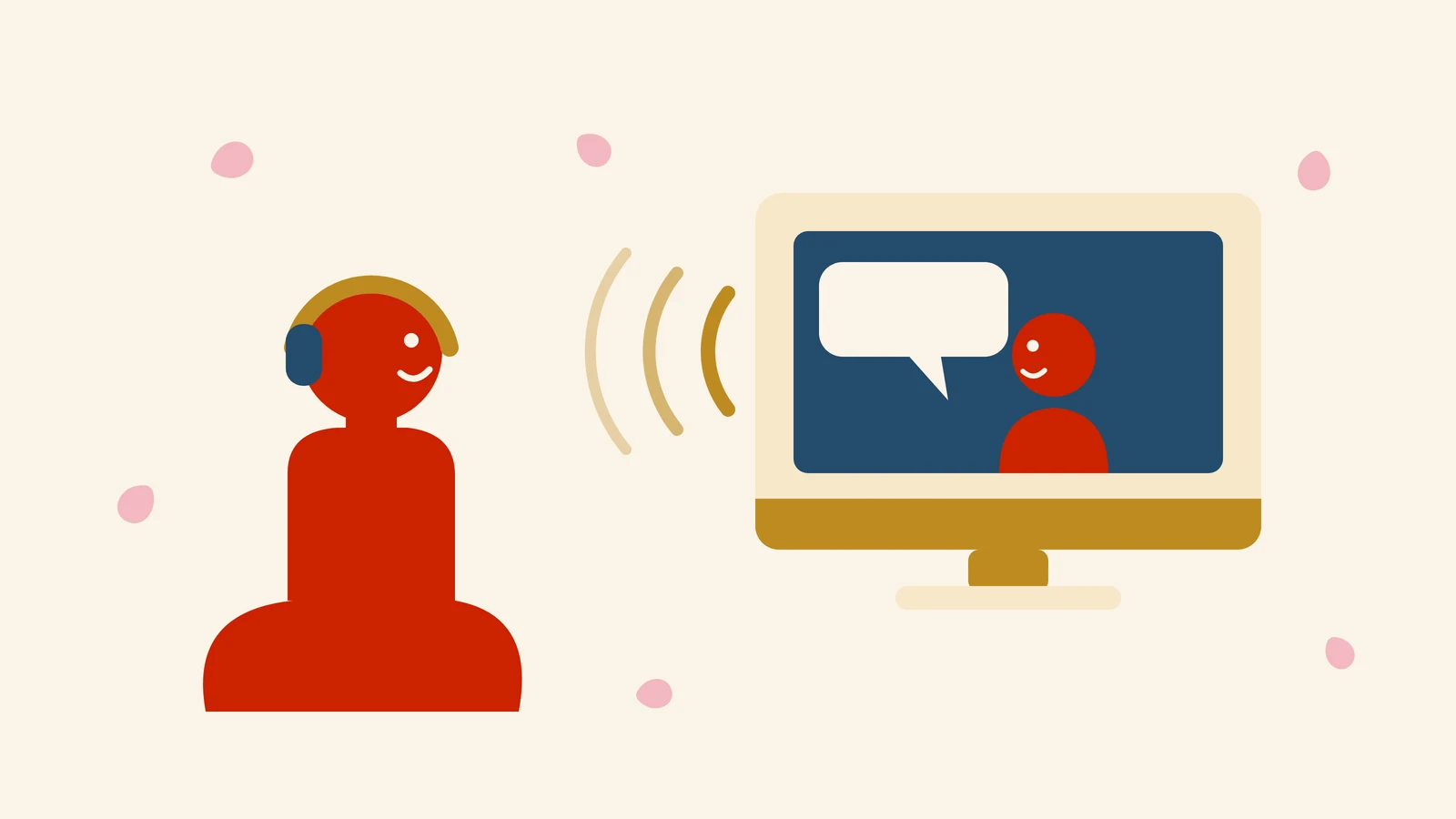 A learner in gold headphones listening to a screen, with sound waves travelling between them — learning Japanese from anime.